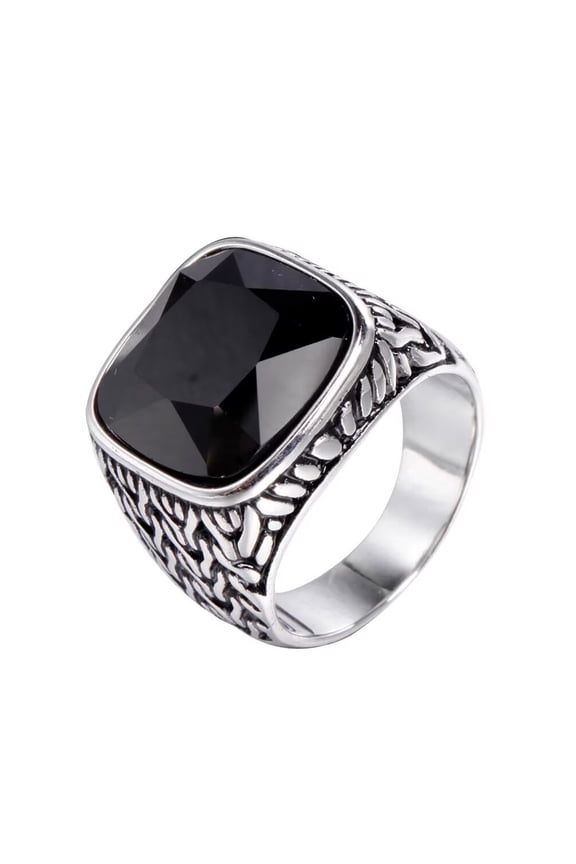 Men's Stainless Steel Vintage Punk Rock Domineering Personality Large Square Black Gemstone Signet Ring Simple Statement Silver Size 7