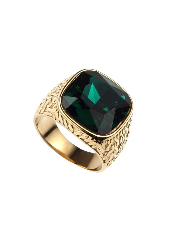 Men's Stainless Steel Vintage Punk Rock Domineering Personality Large Square Green Gemstone Signet Ring Simple Statement Gold Size 8