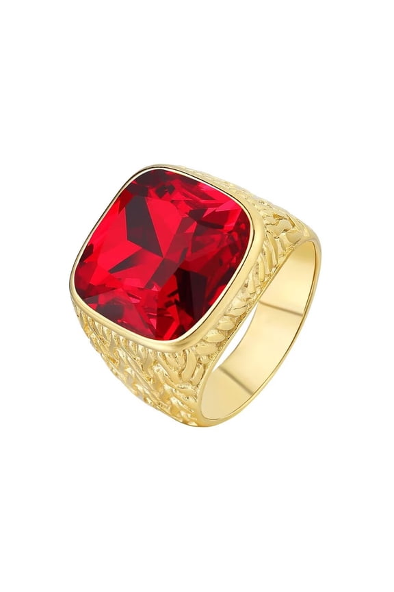 Men's Stainless Steel Vintage Punk Rock Domineering Personality Large Square Red Gemstone Signet Ring Simple Statement Gold Size 8