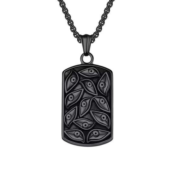 PAMTIER Men's Stainless Steel Vintage Punk Square Demon Eye of God Signet Dog Tag Pendant Necklace Cool Gothic Evil Eye Band Black 23.6" Chain