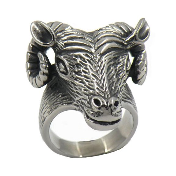 PAMTIER Men's Stainless Steel Vintage Silver Tone Sheep Goat Head Skull Gothic Biker Ring Punk Style Demon Devil Aries Zodiac Statement Size 8