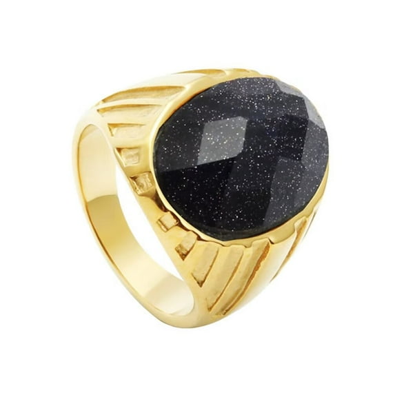 PAMTIER Men's Stainless Steel Vintage Simple Classic Oval Blue Gemstone Signet Ring Special Flower Patter Carved Wedding Band Gold Size 7