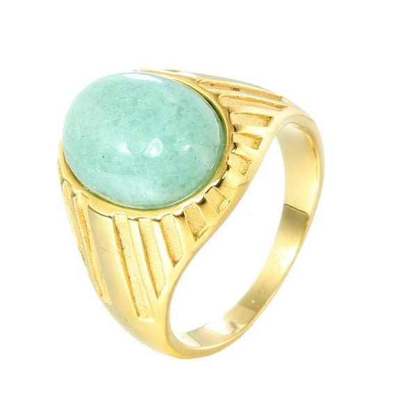 PAMTIER Men's Stainless Steel Vintage Simple Classic Oval Green Gemstone Signet Ring Special Flower Patter Carved Wedding Band Gold Size 11