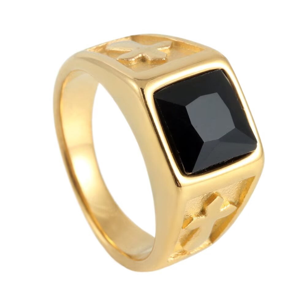 Men's Stainless Steel Garnet Gemstone Ring - Square Red Black Agate Design, Hypoallergenic - View #3