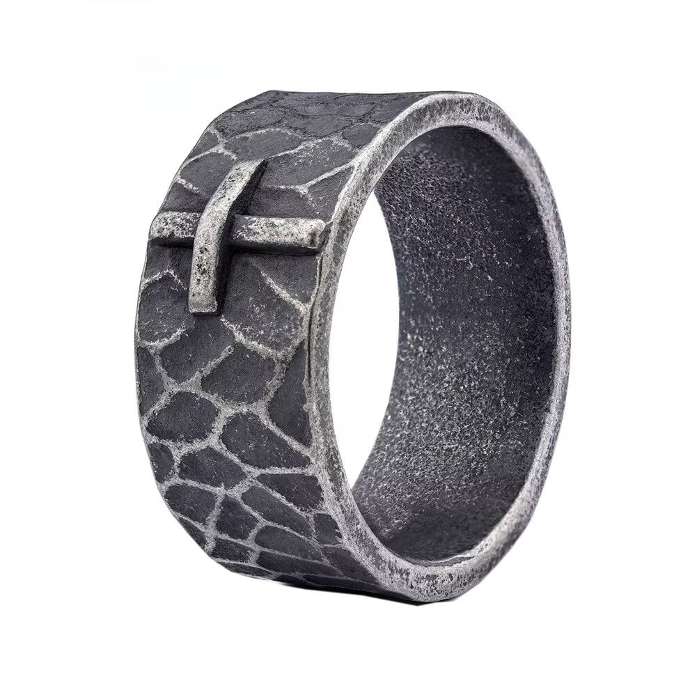 PMTIER Men's Stainless Steel Vintage Feather Ring - Silver Finish With Cubic Zirconia, Adjustable Fit