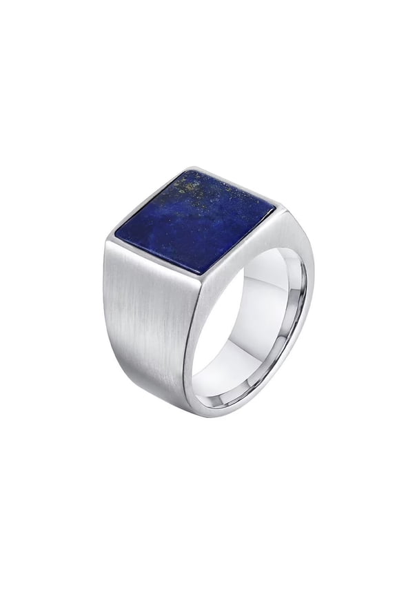 Men's Stainless Steel Vintage Simple Large Square Cut Gemstone Signet Ring Gothic Punk Statement Band Blue Silver Size 11