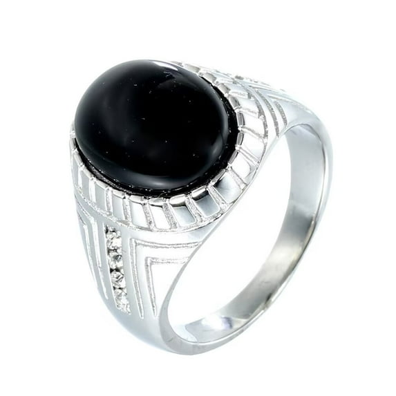 PAMTIER Men's Stainless Steel Vintage Unique Crystal Inlay Oval Black Gemstone Signet Ring Special Flower Patter Carved Wedding Band Silver Size 7