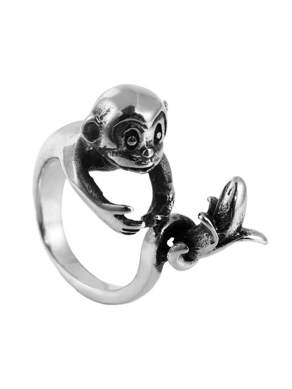 Men's Stainless Steel Vintage Unique Lovely Animal Little Monkey Bananas 12 Chinese Zodiac Open Biker Ring Silver Size 12