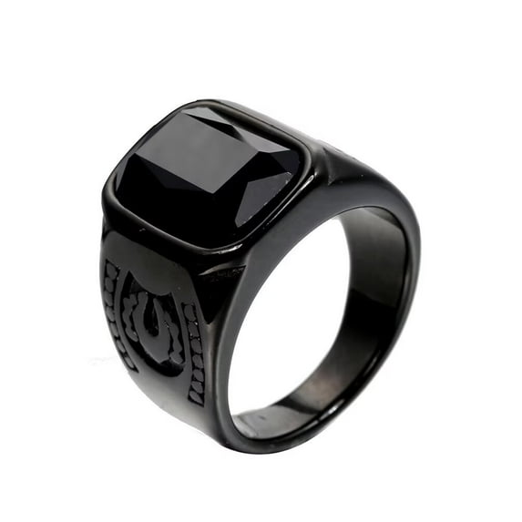 PAMTIER Men's Vintage Creative Stainless Steel Flower Pattern Carved Side Square Cut Black Gemstone Signet Biker Ring Wedding Band Black Size 11