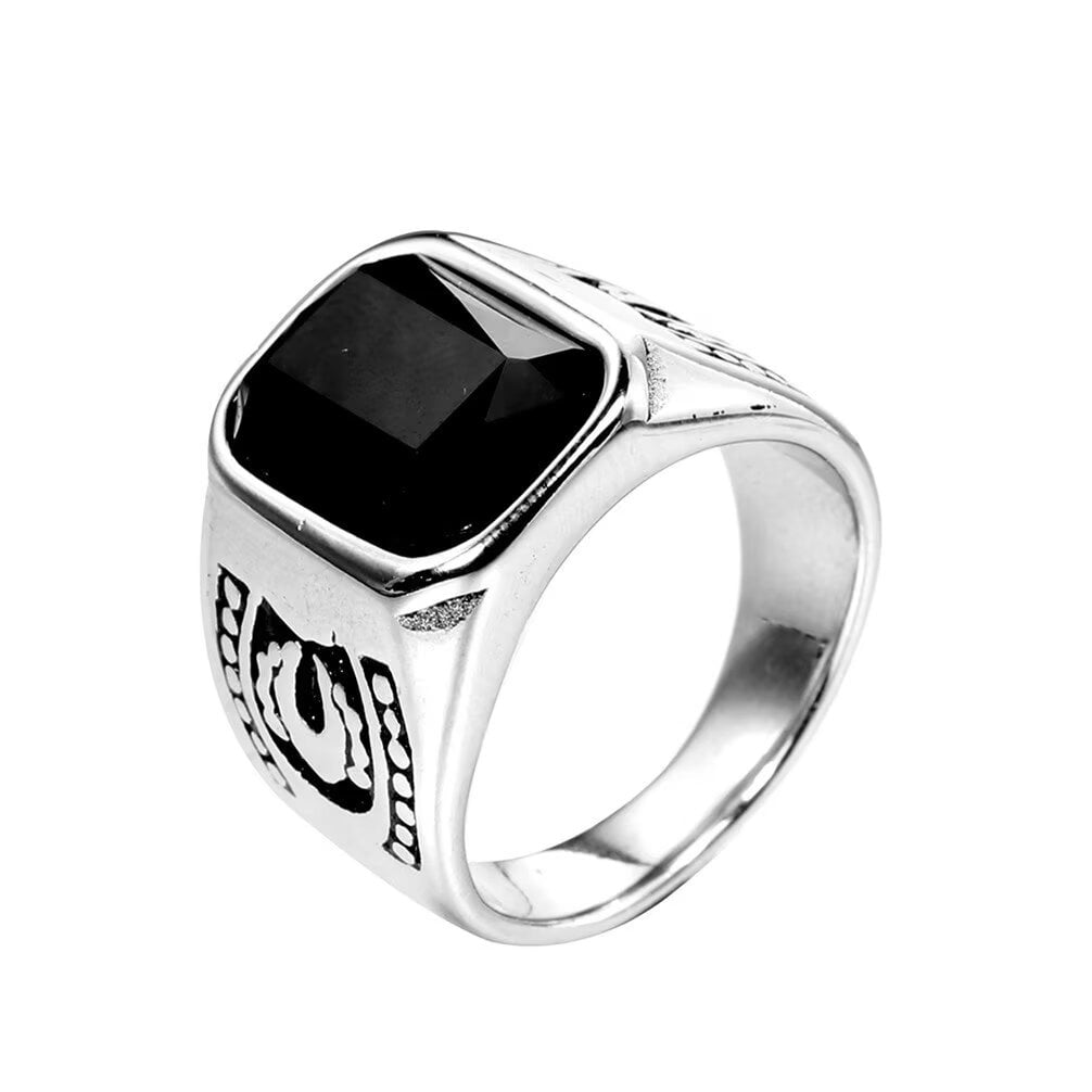 Men's Stainless Steel Garnet Gemstone Ring - Square Red Black Agate Design, Hypoallergenic - View #8