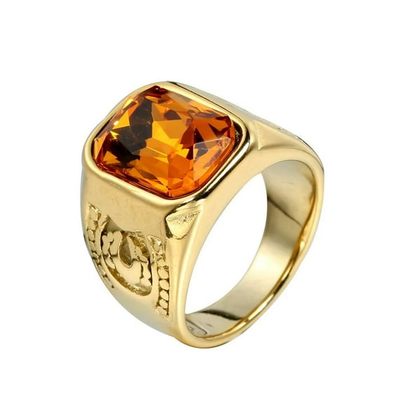 PAMTIER Men's Vintage Creative Stainless Steel Flower Pattern Carved Side Square Cut Orange Gemstone Signet Biker Ring Wedding Band Gold Size 11