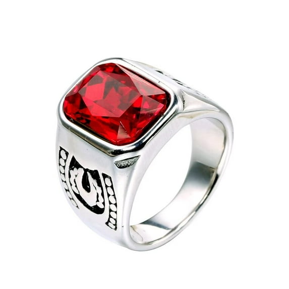 PAMTIER Men's Vintage Creative Stainless Steel Flower Pattern Carved Side Square Cut Red Gemstone Signet Biker Ring Wedding Band Silver Size 8