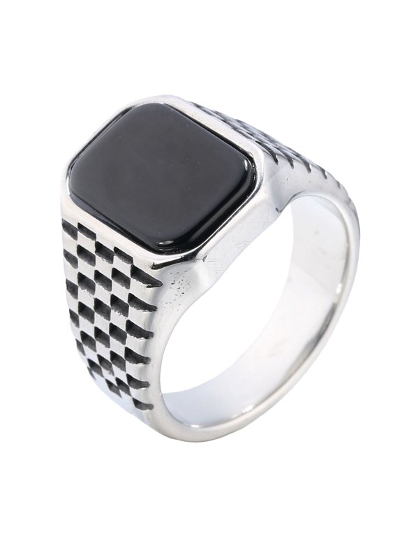 Men's Vintage Square Black Stone Signet Ring Checkered Engraved Wide Band Stainless Steel Silver Plated Size 10