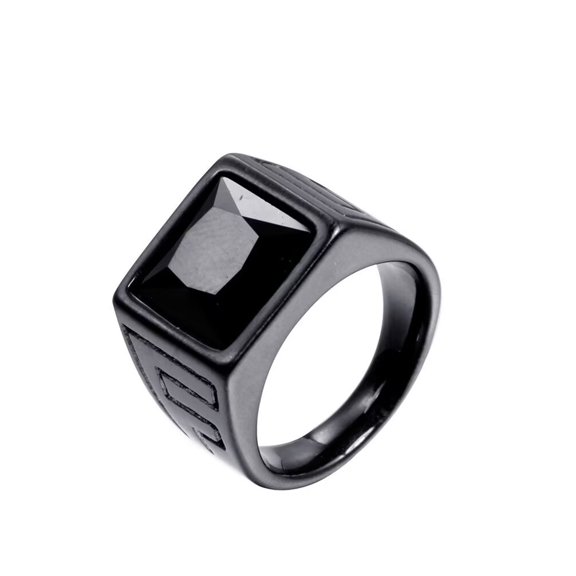 PAMTIER Men's Vintage Stainless Steel Carved Alphabet F Square Cut Black Gemstone Signet Biker Ring Brushed Finish Wedding Band Black Size 11