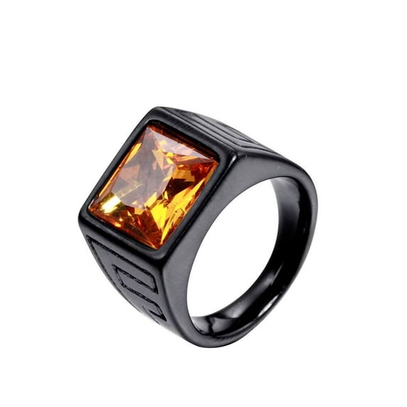 PAMTIER Men's Vintage Stainless Steel Carved Alphabet F Square Cut Orange Gemstone Signet Biker Ring Brushed Finish Wedding Band Black Size 9