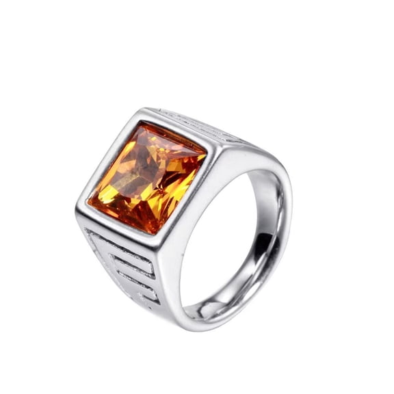PAMTIER Men's Vintage Stainless Steel Carved Alphabet F Square Cut Orange Gemstone Signet Biker Ring Brushed Finish Wedding Band Silver Size 13