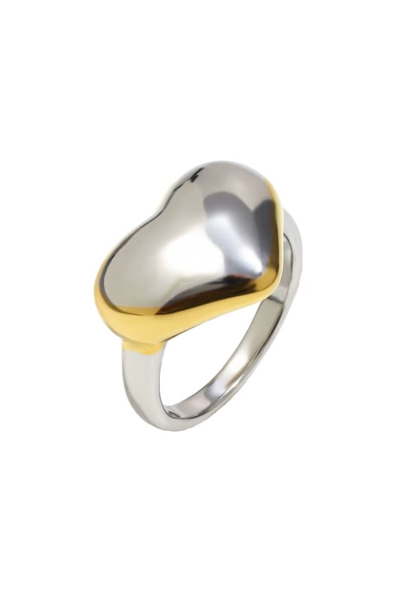 Men's Women's Jewelry Stainless Steel Flat Heart Design Temperament Personality Two-Tone Retro Gift Ring Size 8