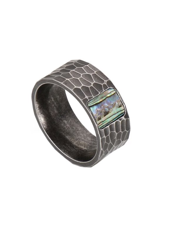 Men's Women's Stainless Steel 10MM Vintage Punk Creative Hammered Pattern Abalone Shell Ring Ancient Silver Size 8