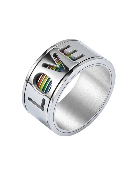 Men's Women's Stainless Steel 11MM Classic Love Rainbow Wedding Band Gay Lesbian LGBT Pride Rotatable Ring Silver Size 7