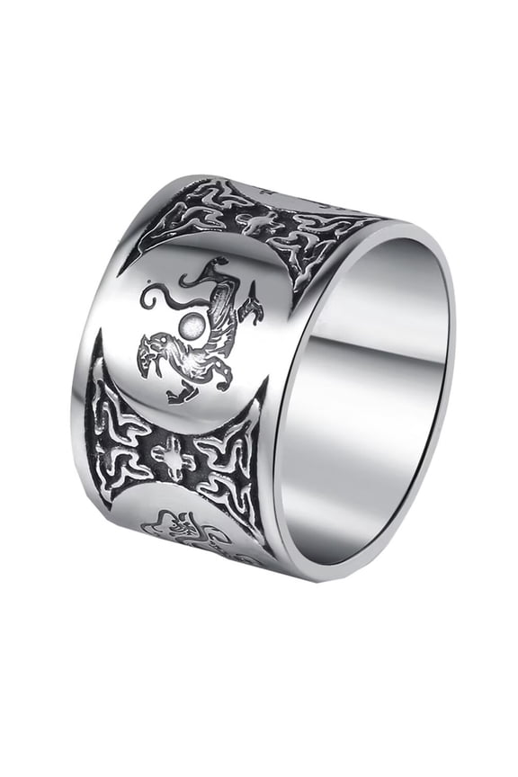 Men's Women's Stainless Steel 14MM High Polished Ancient 4 Guardian Beast Dragon White Tiger Suzaku Basalt Carved Ring Silver Size 10