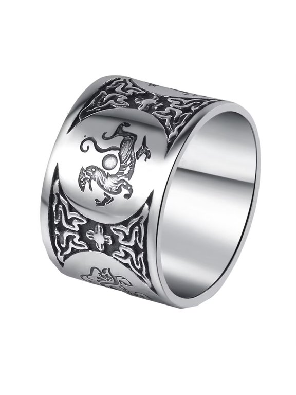 Men's Women's Stainless Steel 14MM High Polished Ancient 4 Guardian Beast Dragon White Tiger Suzaku Basalt Carved Ring Silver Size 9