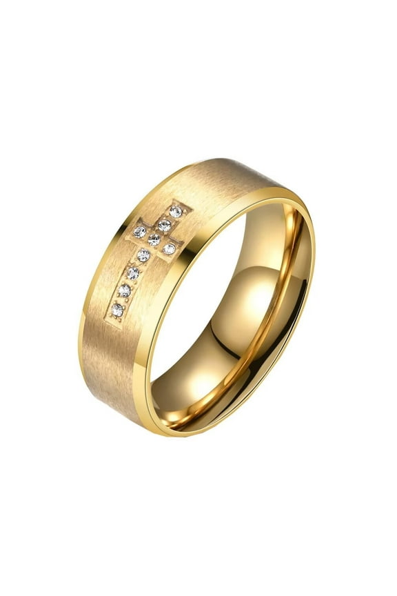 Men's Women's Stainless Steel 8MM Classic Matte Finished Cubic Zirconia Cross Prayer Ring Gold Size 10