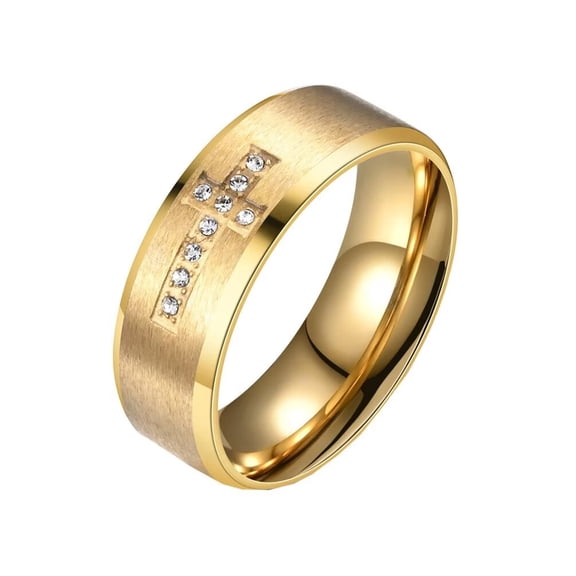 PAMTIER Men's Women's Stainless Steel 8MM Classic Matte Finished Cubic Zirconia Cross Prayer Ring Gold Size 8