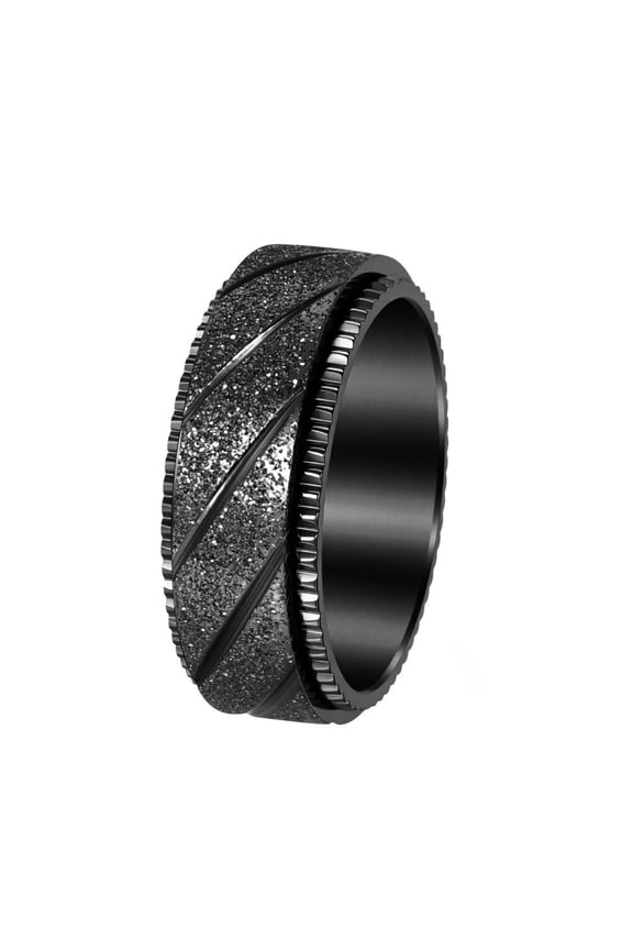 Men's Women's Stainless Steel 8MM Personality Punk Diagonal Pattern Rotatable Matte Process Ring Black Size 8