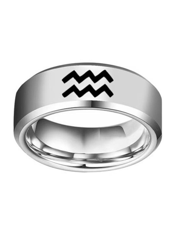 Men's Women's Stainless Steel 8MM Simple 12 Constellations Horoscope Zodiac Signs Wedding Band Ring Silver Aquarius Size 9