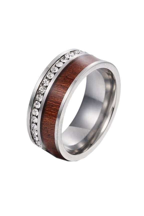 Men's Women's Stainless Steel 8mm Creative Wood Grain Inlay Ring with Cubic Ziconia Silver Size 13