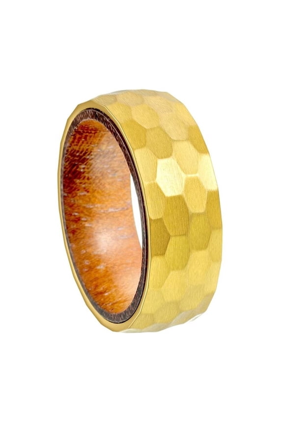 Men's Women's Stainless Steel 8mm Hammered Pattern Wood Grain Inlay Ring Gold Size 8