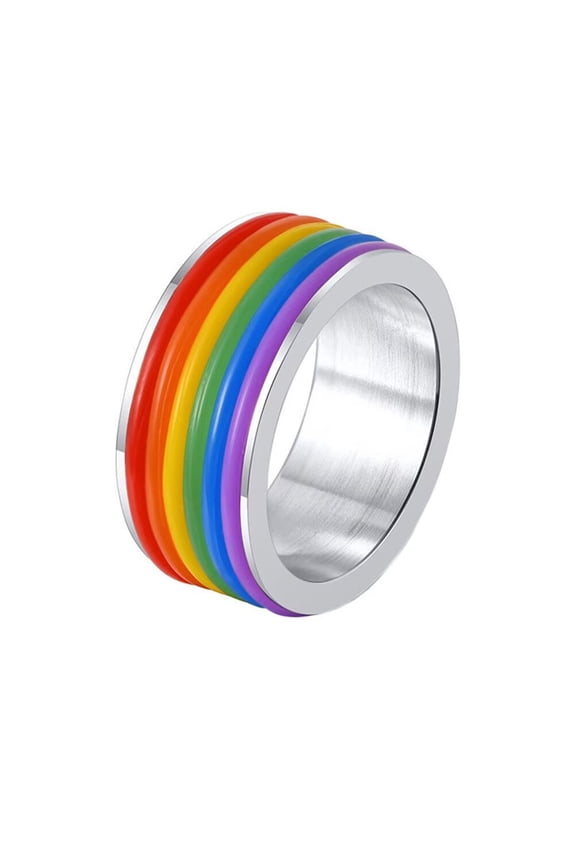 Men's Women's Stainless Steel 9MM Classic Rainbow Wedding Band Gay Lesbian LGBT Pride Ring Silver Size 12