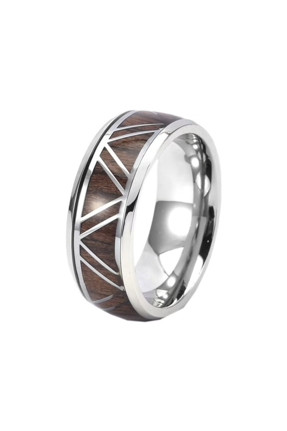 Men's Women's Stainless Steel 9MM Creative Triangular Wood Inlay Dome Ring Wedding Band Brown Size 12