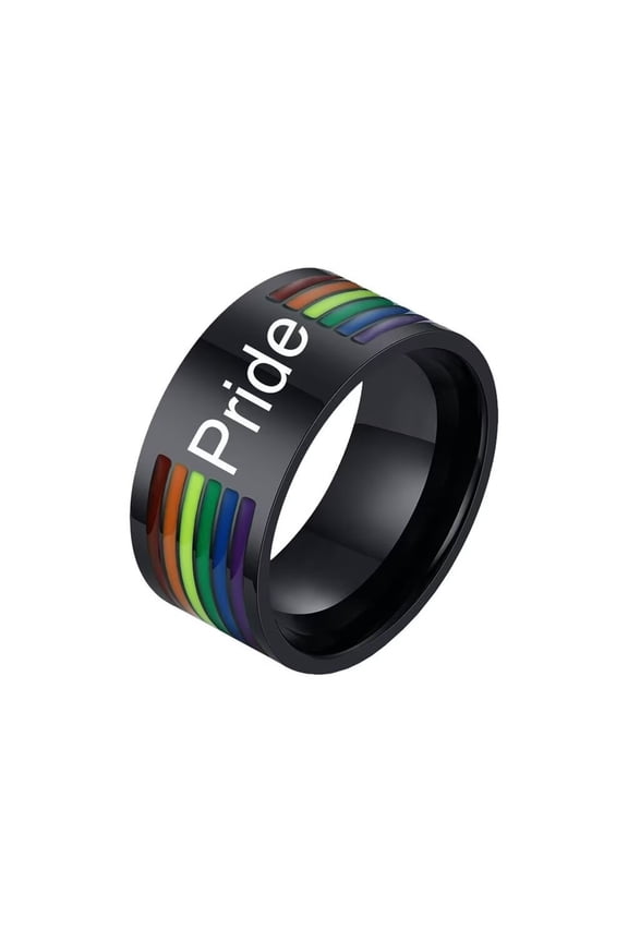 Men's Women's Stainless Steel Black Tone Simple Rainbow Stripe Flag LGBT Gay & Lesbian Pride Ring Couple Wedding Band Pride Size 7