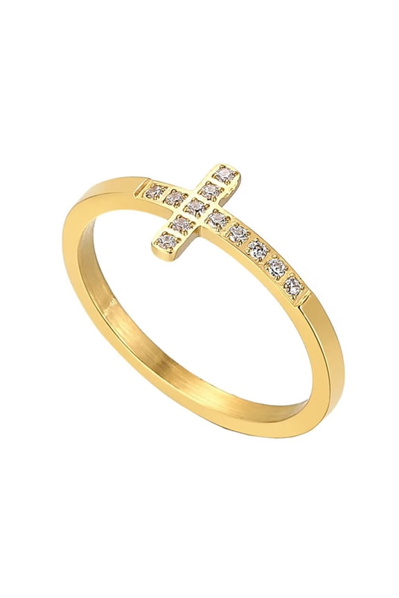 Men's Women's Stainless Steel Creative Cubzic Zirconia Inlay Dainty Cross Skinny Ring Gold Size 9