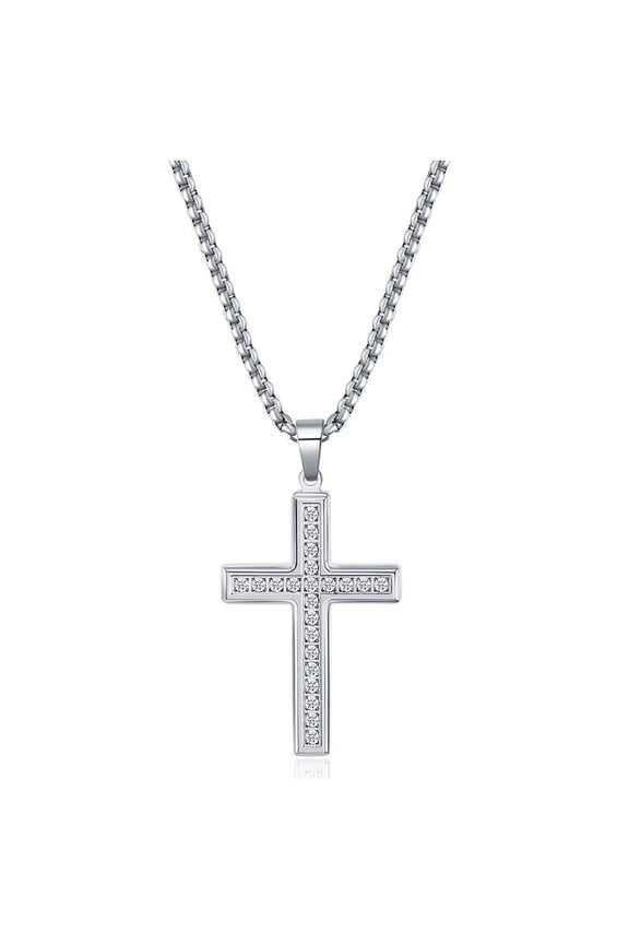 Men's Women's Stainless Steel Cubic Zirconia Inlay High Polished Cross Prayer Pendant Necklace Silver