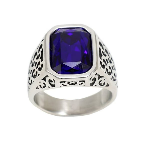 PAMTIER Men's Women's Stainless Steel Cubic Zironia Personalized Vintage Floral Pattern Ring Silver Dark Blue Size 9