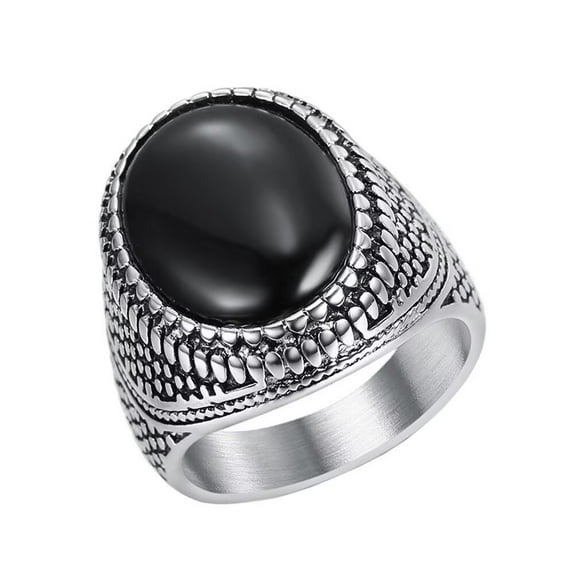 PAMTIER Men's Women's Stainless Steel High Polished Retro Oval Gemstone Ring Black Size 12