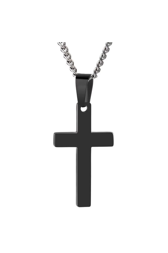 Men's Women's Stainless Steel High Polished Stylish Minimalist Cross Prayer Pendant Necklace Black