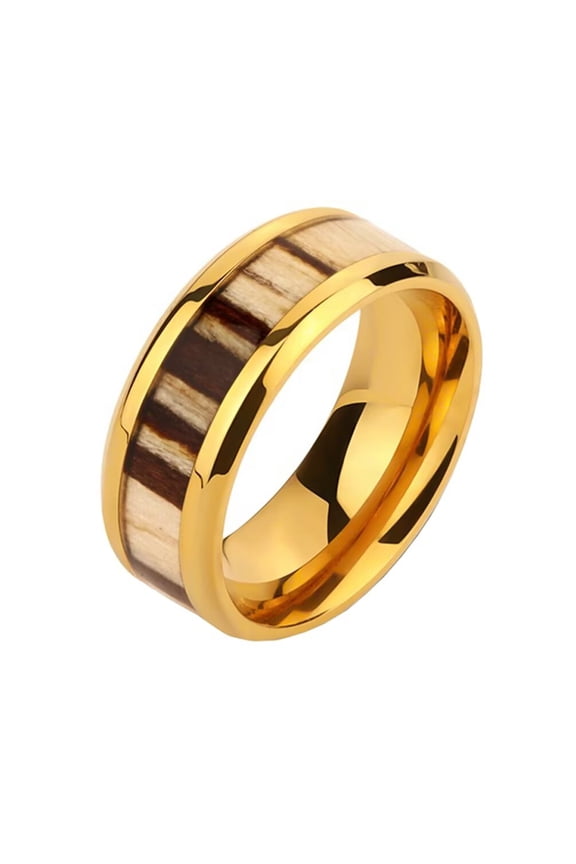 Men's Women's Stainless Steel High Polished Wood Inlay Ring Striped Wedding Band Gold Size 9