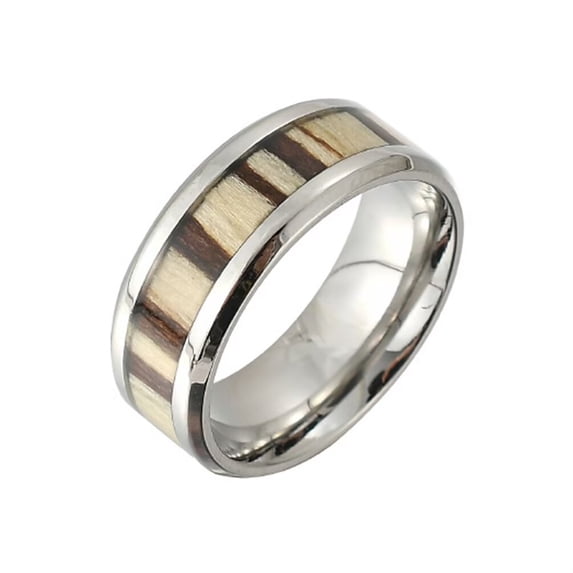 PAMTIER Men's Women's Stainless Steel High Polished Wood Inlay Ring Striped Wedding Band Silver Size 11