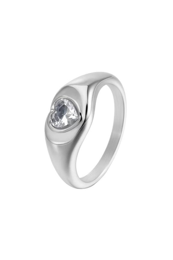 Men's Women's Stainless Steel Minimalist Cubic Zirconia Heart Ring Silver Size 6