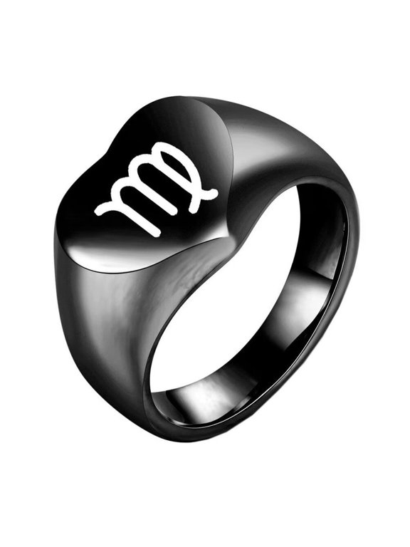 Men's Women's Stainless Steel Minimalist High Polished 12 Constellations Horoscope Zodiac Signs Heart RingBlack Virgo Size 8