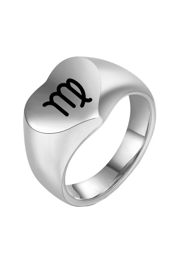 Men's Women's Stainless Steel Minimalist High Polished 12 Constellations Horoscope Zodiac Signs Heart RingSilver Virgo Size 11