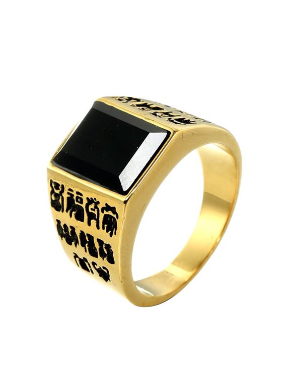 Men's Women's Stainless Steel Personalized Vintage Chinese Style Fu Character Gemstone Ring Gold Size 10
