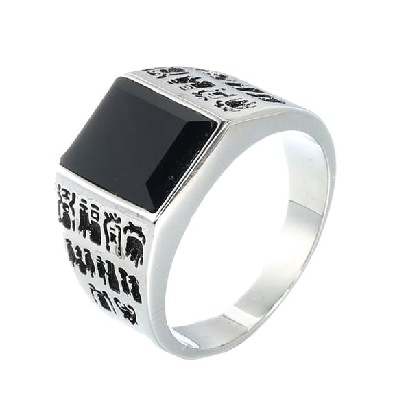 PAMTIER Men's Women's Stainless Steel Personalized Vintage Chinese Style Fu Character Gemstone Ring Silver Size 11
