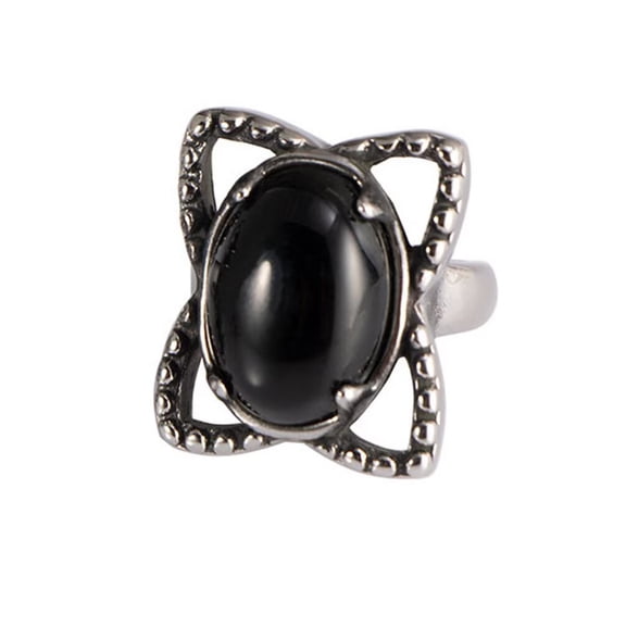 PAMTIER Men's Women's Stainless Steel Personalized Vintage Flower Oval Gemstone Ring Silver Black Size 7