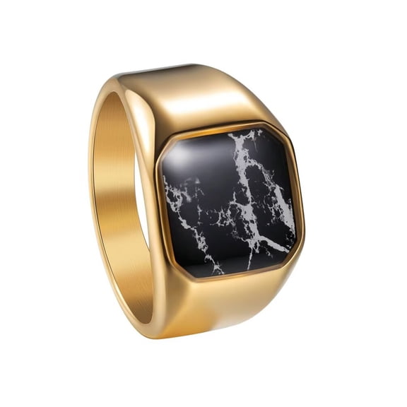 PAMTIER Men's Women's Stainless Steel Personalized Vintage Square Marble Pattern Ring Gold Size 7