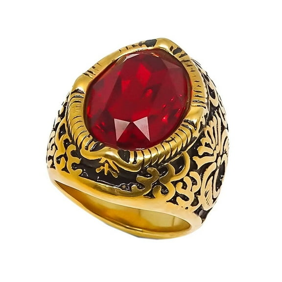 PAMTIER Men's Women's Stainless Steel Punk Vintage Carved Flower Pattern Red Gemstone Ring Gold Size 12