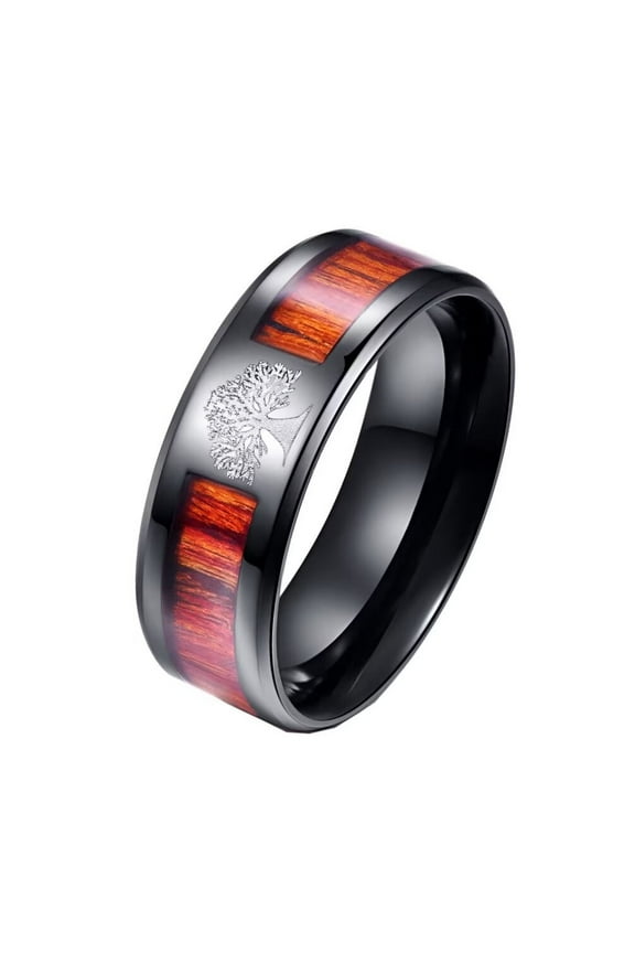 Men's Women's Stainless Steel Simple Center Wood Inlay Tree of Life Wedding Ring Black Size 13